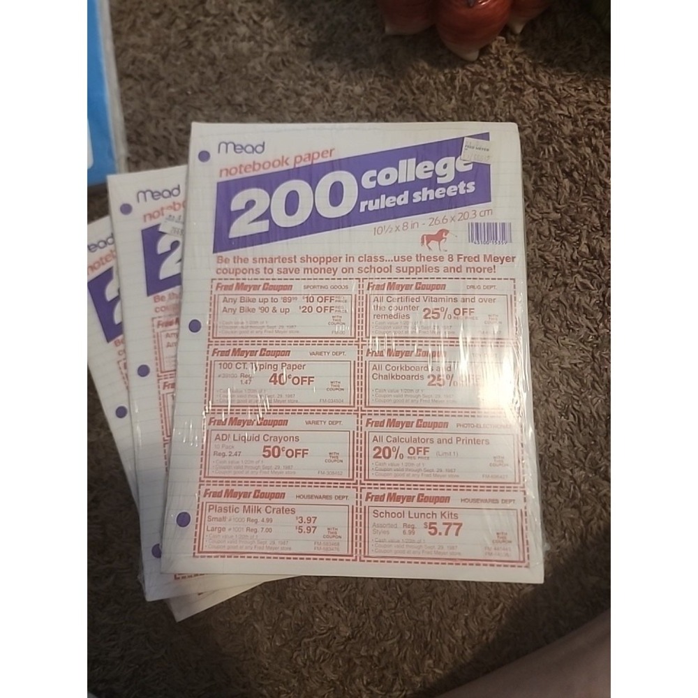 (3) Mead 1987 Fred Meyer Coupons College Ruled 200‎ Sheet Notebook Paper